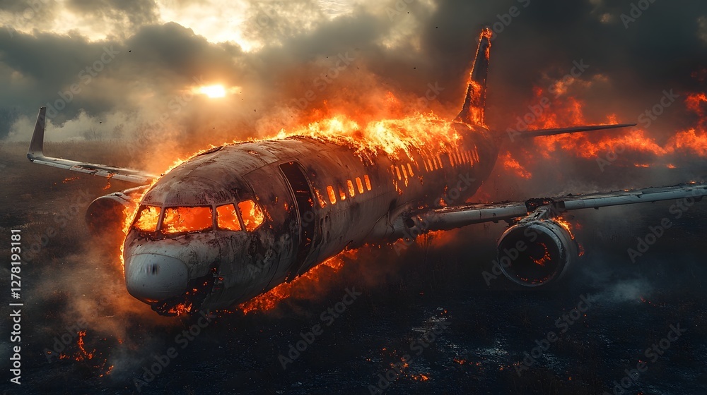 Poster dramatic and intense scene of a commercial airplane engulfed in flames and crashing through dark clo