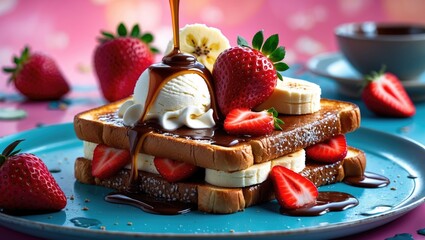 Delicious dessert stack featuring toasted bread, ice cream, fresh strawberries and bananas with chocolate sauce on a colorful background