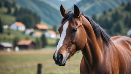 Obraz premium Brown horse with white markings standing in a green meadow with mountains and houses in the background during daytime.