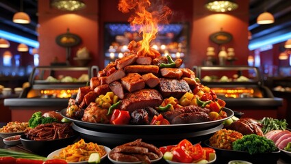 Platter of grilled meats and vegetables with flames in a restaurant setting surrounded by side dishes and vibrant decor