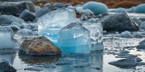 Ice blocks and rocks in shallow water reflecting soft light in a coastal landscape setting during calm weather