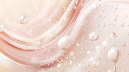 Abstract cellular landscape with hyaluronic acid raindrops nurturing both hair follicles and skin surface, pearlescent white collagen orbs emitting soft light, premium cosmetic marketing visual,