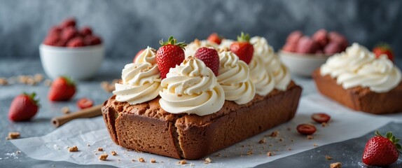 Freshly baked chocolate loaf cake topped with whipped cream and strawberries on a marble countertop with raspberries in the background