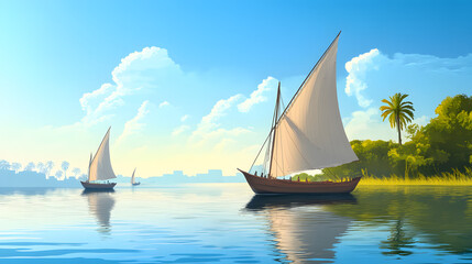 Fototapeta premium Tranquil sailing scene, two white-sailed boats gliding on calm waters, vibrant blue skies and lush greenery in background.
