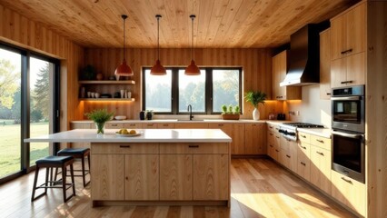 modern kitchen interior with wooden floor