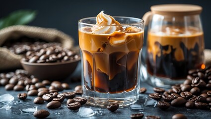 Iced coffee with cream in a glass surrounded by coffee beans and a jar, with a dark background and scattered ice cubes.