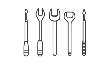 Line art silhouette of various tools in grey on white background for tool concept