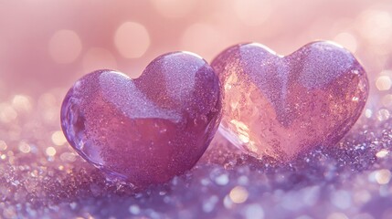Fototapeta premium Two glistening pink hearts on sparkling background