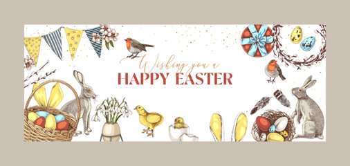 Fototapeta premium Easter holiday banner with hand drawn elements