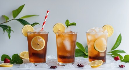 Iced tea drinks with lemon slices and mint leaves arranged on a white background with ice and garnishes.