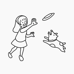 Young girl playing with puppy doodle collage element vector