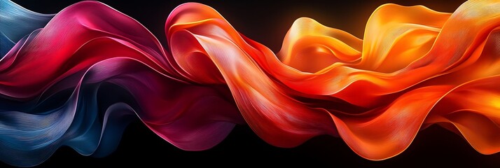 Obraz premium Ethereal Fabric Flow: Dynamic swirls of vibrant, flowing fabric dance across a dark backdrop, creating a mesmerizing display of color and texture. 