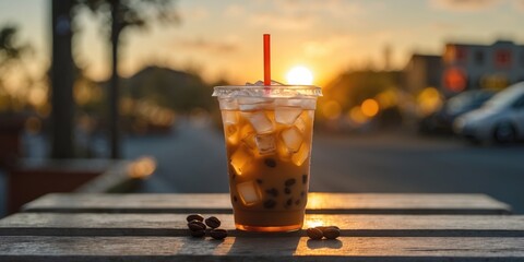 Iced coffee drink in transparent cup with ice cubes and red straw on wooden table during sunset with blurred background