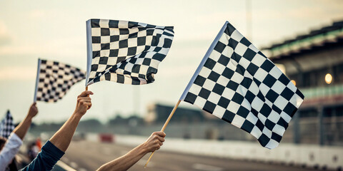 A Dynamic Display of Hands Waving Checkered Racing Flags Celebrating Victory and Competition