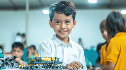 A child deeply immersed in skill development, constructing a small robotic prototype.