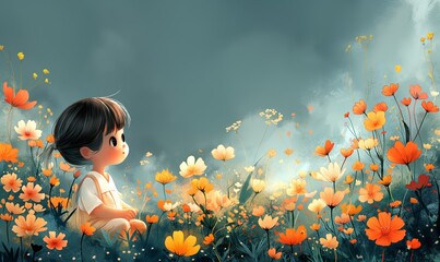 A child gazes thoughtfully at colorful flowers