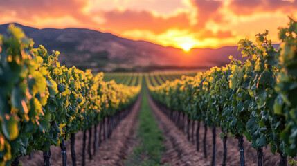Naklejka premium Good weather showcasing a scenic vineyard at harvest time under a golden afternoon sky