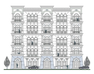 Facade of 5 storey symmetrical classical  building with 10 doors, 14 windows, crowns, frames, balustrade, stair, canopy, balcony, trapezoidal wall and its design elements.