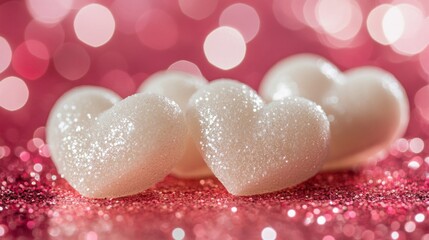Fototapeta premium Sparkling White Hearts on Pink Glitter Background