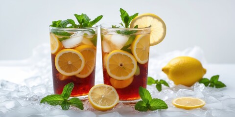Fototapeta premium Iced tea with lemon slices and mint leaves in two glasses on a bed of ice with fresh lemons and mint sprigs around
