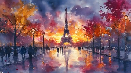 Eiffel Tower at Sunset in Autumn Park Paris France   Vibrant Cityscape Reflection in Rainy Puddle with Umbrella Holding Crowd Silhouettes Walking Through Colorful Foliage Landscape