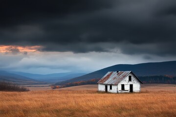 Lonely rural house dramatic stormy sky in autumn landscape