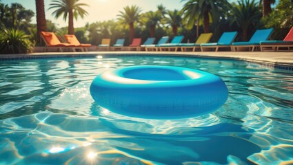 Fototapeta premium Blue inflatable pool float in calm water surrounded by palm trees and colorful lounge chairs in a sunlit resort setting