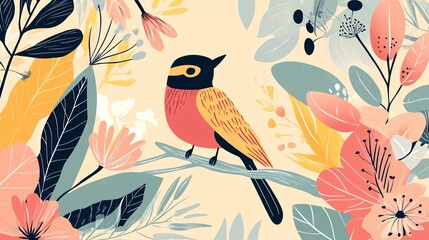 Bohemian Illustration of Botanical Elements with Colorful Birds