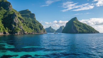 Obraz premium Tropical landscape with rocky mountains and clear blue water under a sunny sky in a scenic coastal environment