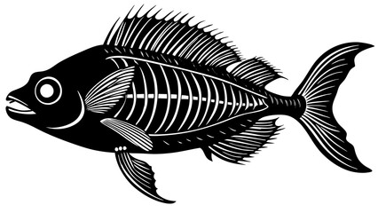 Fish Skeleton X-Ray View with Detailed Anatomy in Black and White Scientific Drawing