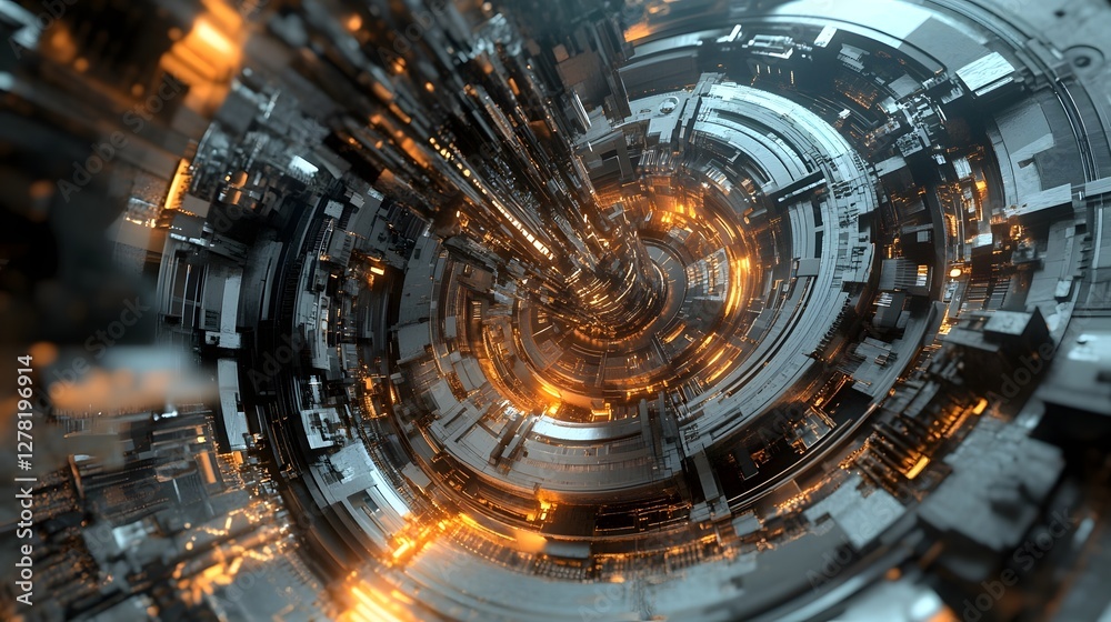 Aufkleber explosive digital vortex tunnel with a glowing radiant energy burst erupting from the center a futur