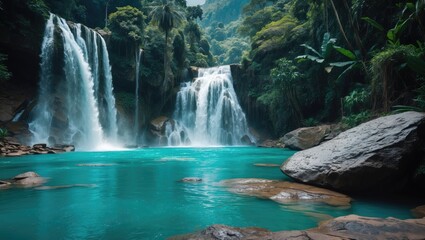 Fototapeta premium Lush tropical waterfall cascading into clear turquoise pool surrounded by dense greenery and large rocks in serene natural landscape
