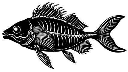 Fish Skeleton X-Ray View with Detailed Anatomy in Black and White Scientific Drawing