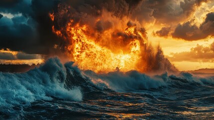 Fototapeta premium Dramatic Ocean Waves with Fiery Eruption at Sunset