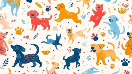 Playful dogs and cats pattern, whimsical design, on white background