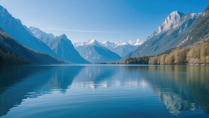 Panoramic view of a tranquil alpine lake surrounded by mountains under a clear blue sky with reflections in the water.