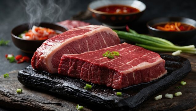 Raw beef steak with marbling placed on a slate board with green onions and spicy dipping sauces in bowls in the background