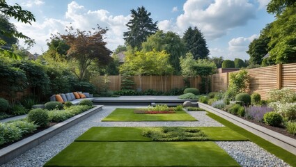 Obraz premium Modern landscaped garden with geometric patterns, grass patches, decorative stones, and lush greenery under a bright blue sky.