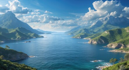Fototapeta premium Coastal landscape with mountainous terrain under a blue sky and white clouds reflecting on calm ocean water during daytime