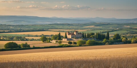Naklejka premium Historic castle surrounded by lush green fields and rolling hills in the countryside with mountains in the distance under a blue sky.