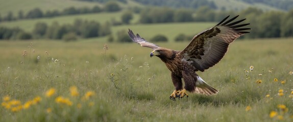 Fototapeta premium Golden eagle in flight over grassy field with flowers and rolling hills in the background during daytime in summer season