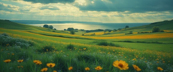 Vibrant green and yellow flower fields under cloudy sky with ocean view and soft sunlight in the background