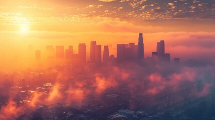 Fototapeta premium Dramatic Sunrise Over Urban Cityscape with Clouds and Fog Creating a Serene Atmosphere in a Bustling Metropolis