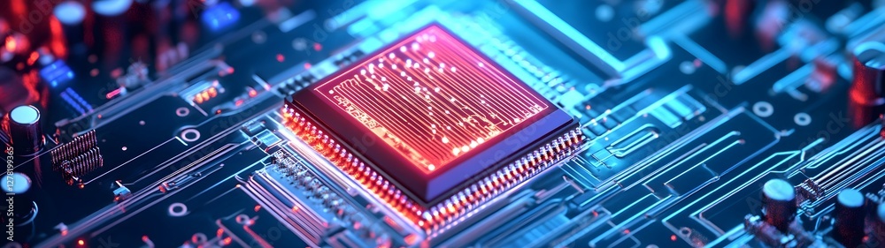 Poster Futuristic and intricate electronic circuit board with microchips processors and other advanced electronic components