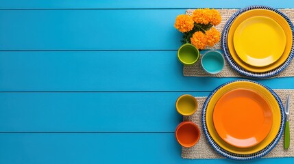 Vibrant Mexican Table Setting with Hand-Painted Ceramics and Marigold Bouquet
