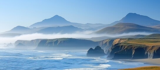 Fototapeta premium Misty coastal landscape with dramatic cliffs and mountains.