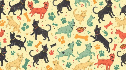 Playful dogs, paw prints, bones, and bowls pattern on light background. Use  background design