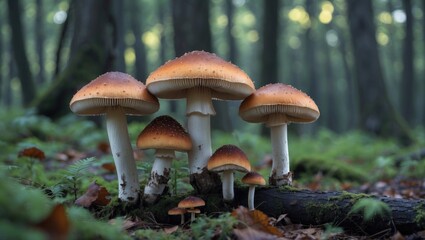 Group of wild mushrooms with orange caps growing on the forest floor surrounded by green foliage and soft sunlight filtering through trees