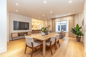 Fototapeta premium Modern Dining Room With Light Wood Floors And Stylish Decor