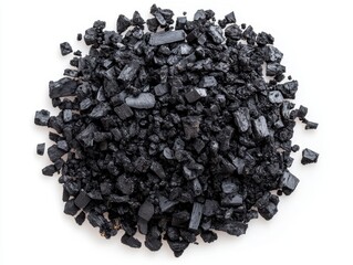 Heap of shiny black shungite crystals on white background close up view mineral specimen for alternative medicine